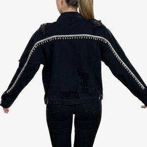 Handmade Black Denim Jacket With Rhinestone Fringe